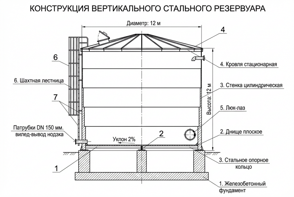 Конструкция стального вертикального резервуара (РВС) для воды: устройство и основные элементы