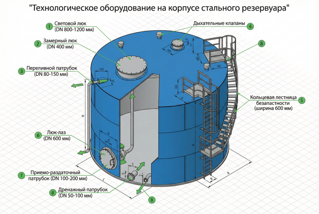Конструкция стального вертикального резервуара (РВС) для воды: устройство и основные элементы